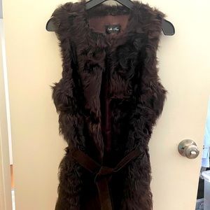 Genuine shearling sheep lamb fur dark brown small medium belted excellent